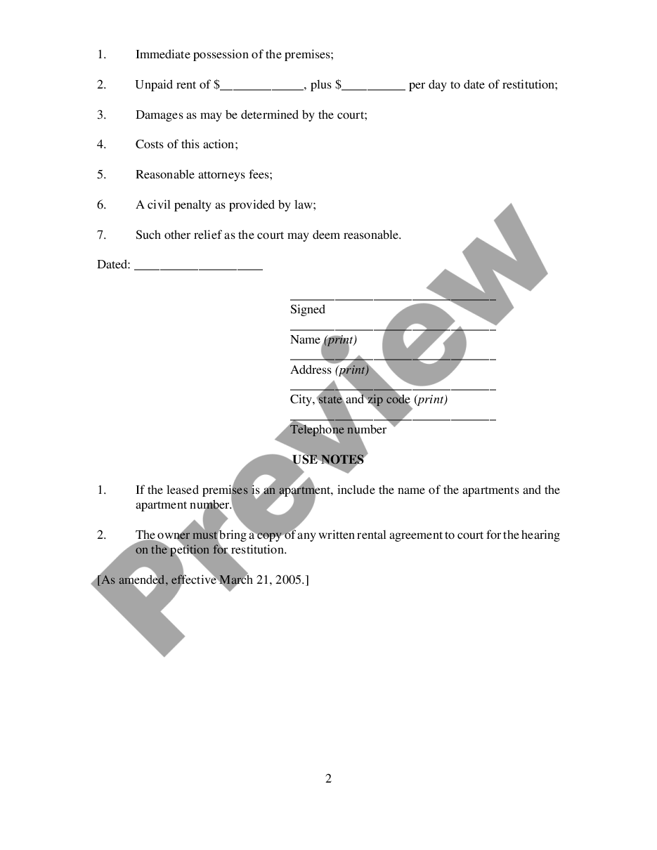 page 1 Petition By Owner for Restitution - Uniform Owner Resident Relations Act preview
