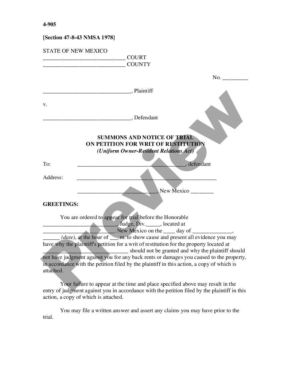 form Summons and Notice of Trial on Petition for Writ of Restitution - Uniform Owner-Resident Relations Act preview