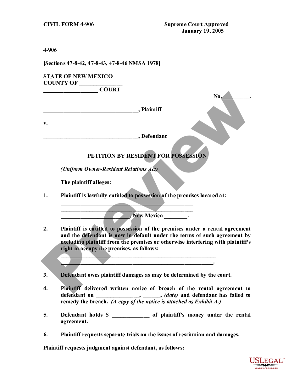 form Petition by Resident for Possession - Uniform Owner Resident Relations Act preview