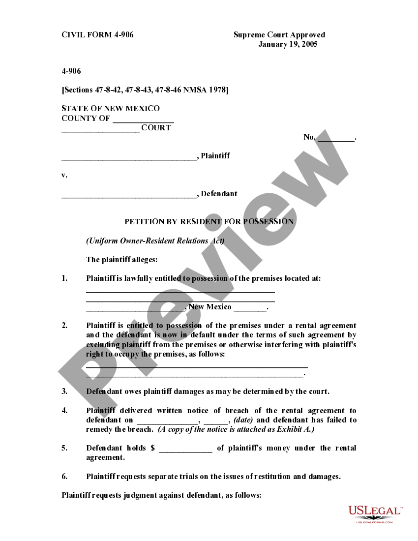 New Mexico Petition by Resident for Possession Uniform Owner Resident