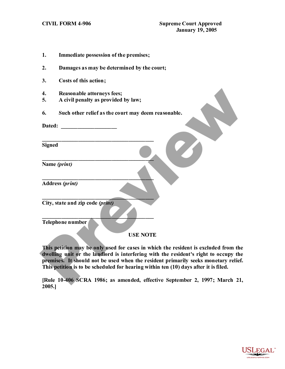 page 1 Petition by Resident for Possession - Uniform Owner Resident Relations Act preview