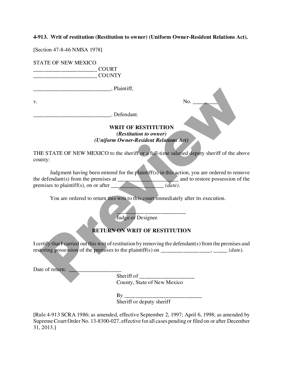 form Writ of Restitution - Restitution to Owner - Uniform Owner-Resident Relations Act preview