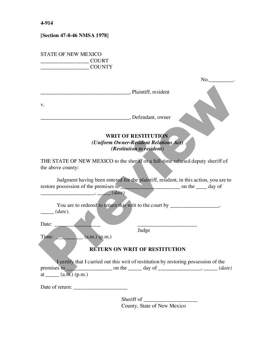 form Writ of Restitution - Restitution to Resident - Uniform Owner-Resident Relations Act preview