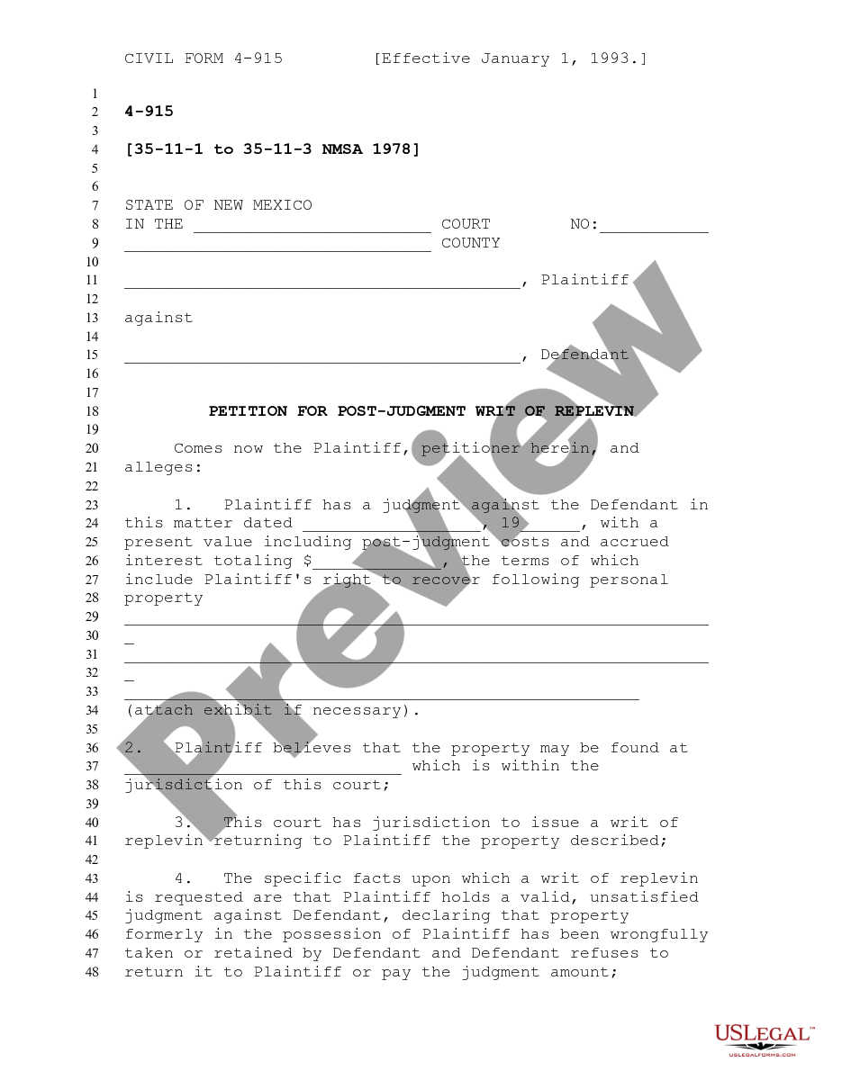 page 0 Petition for Post-Judgment Writ of Replevin or Repossession preview