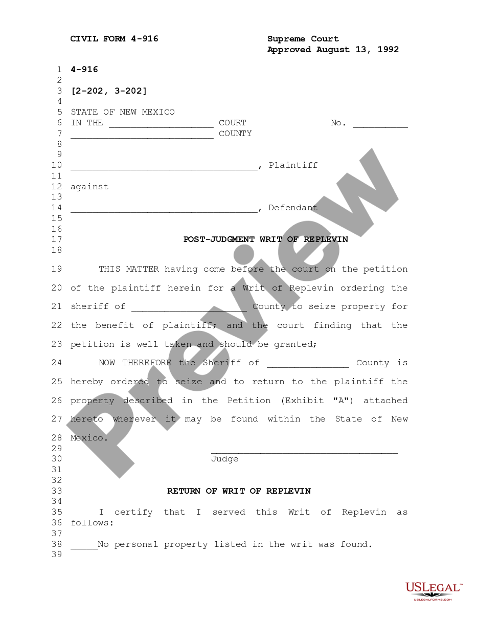 page 0 Post-Judgment Writ of Replevin or Repossession preview