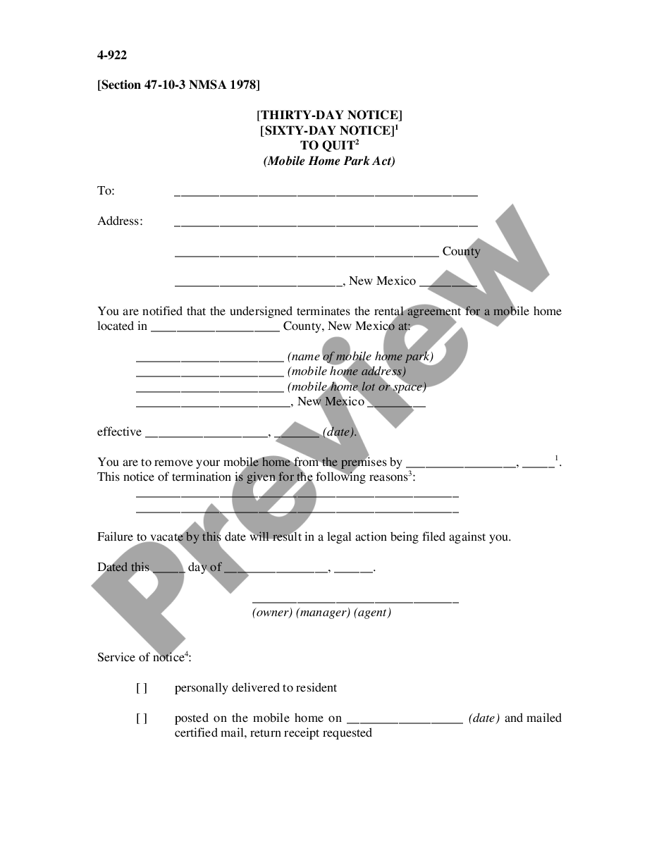 form Thirty-Day Notice - Sixty-Day Notice to Quit Prior to Eviction - Mobile Home Park Act preview