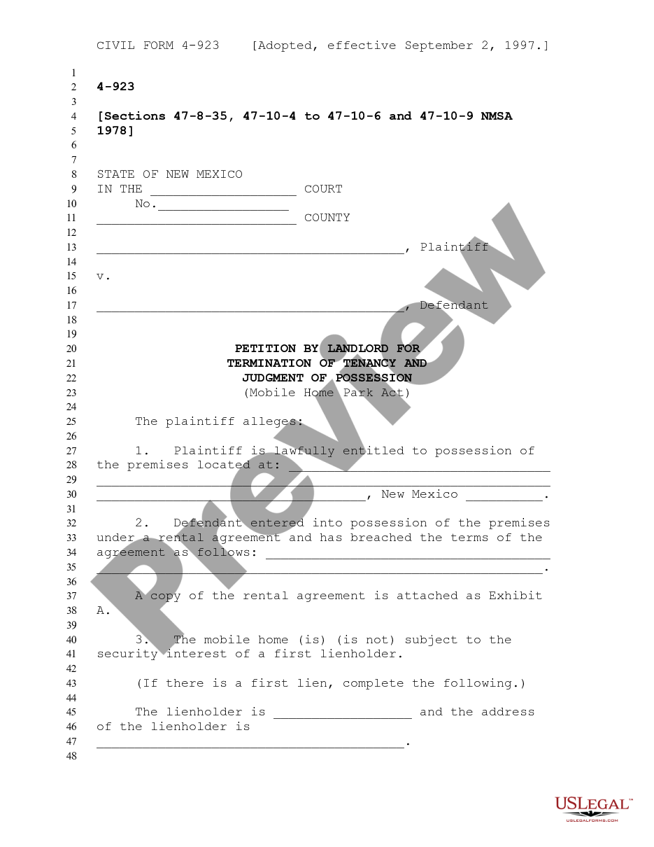 page 0 Petition by Landlord for Termination of Tenancy and Judgment of Possession - Mobile Home Park Act preview