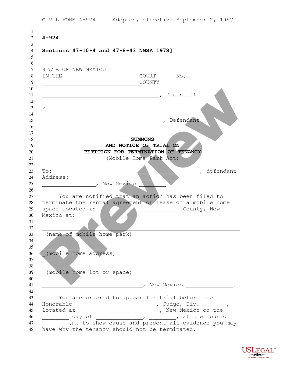 page 0 Summons and Notice of Trial on Petition for Termination of Tenancy - Mobile Home Park Act preview