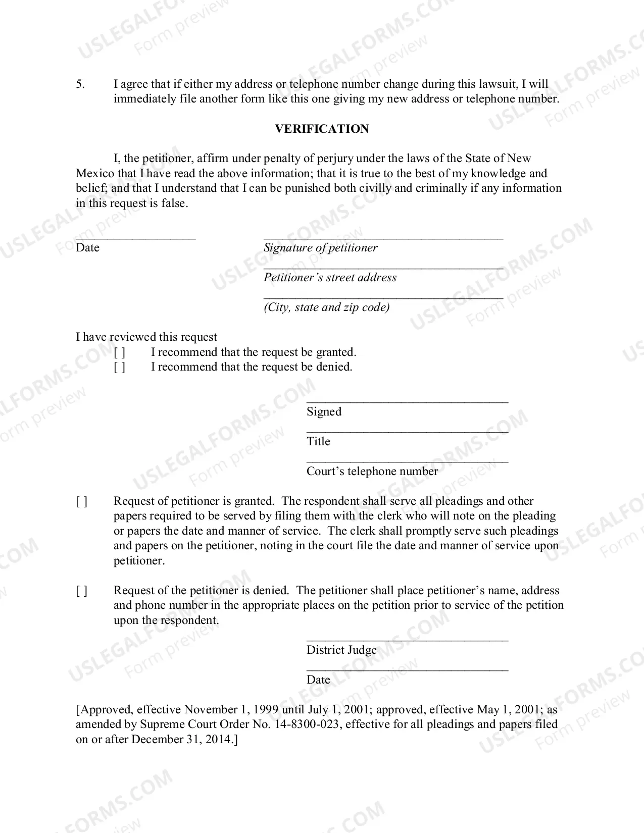 Preview Request for Order to Omit Petitioner's Address and Telephone Number from Petition, to Place References to Address Under Seal, and for Alternative Service