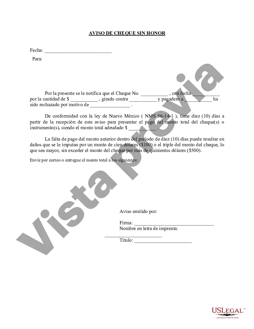 Preview Aviso de cheque sin fondos - Civil - Palabras clave: cheque sin fondos, cheque sin fondos