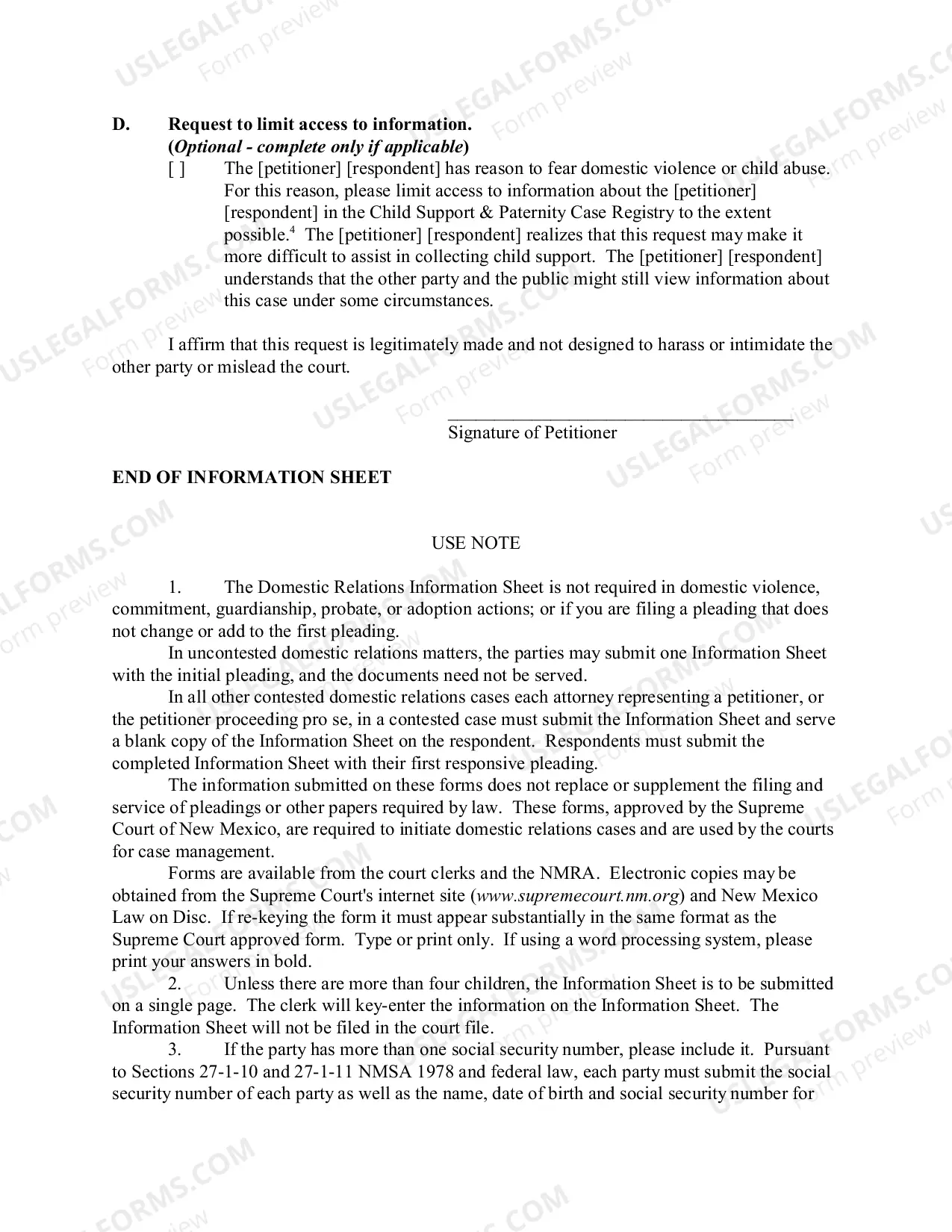 Preview Domestic Relations Information Sheet