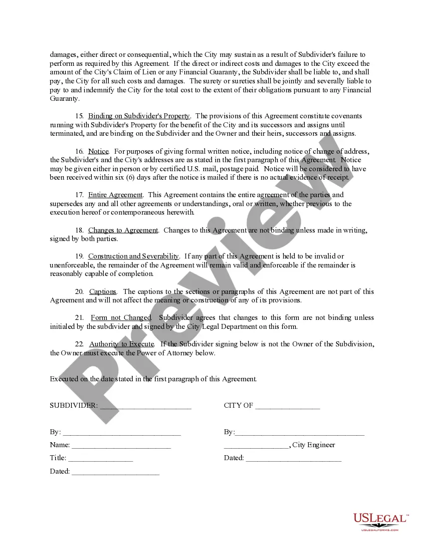 Preview Agreement to Construct Public or Private Subdivision Improvements