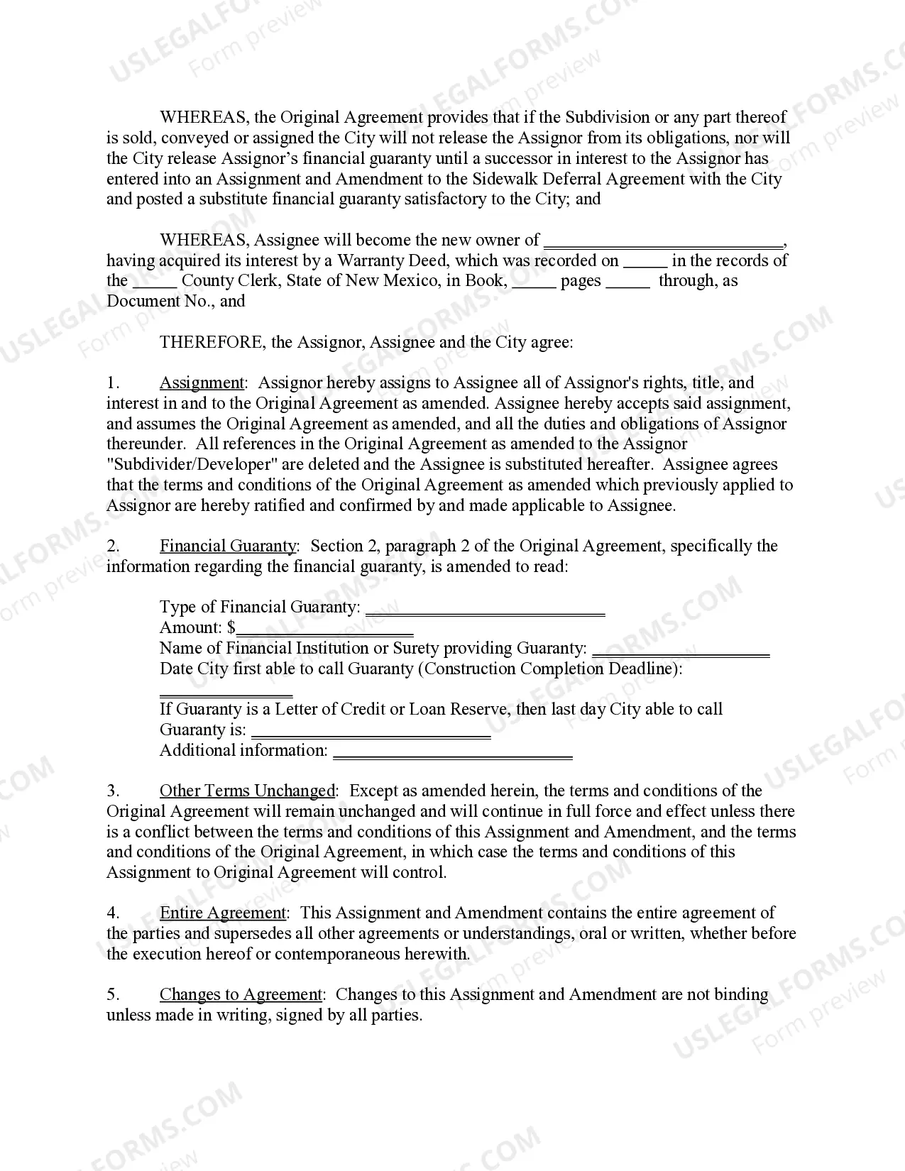 Preview Assignment and Amendment to Sidewalk Deferral Agreement to Construct Subdivision Improvements