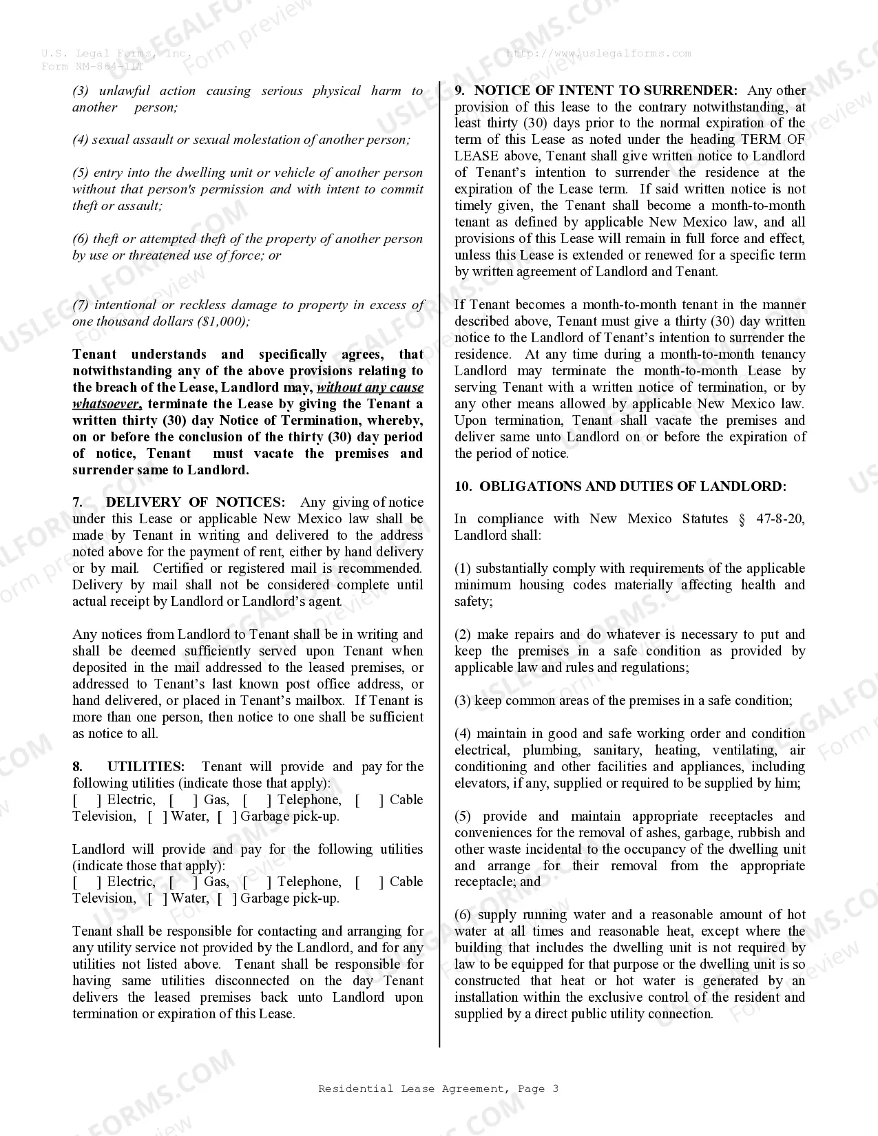 Preview Residential Lease or Rental Agreement for Month to Month
