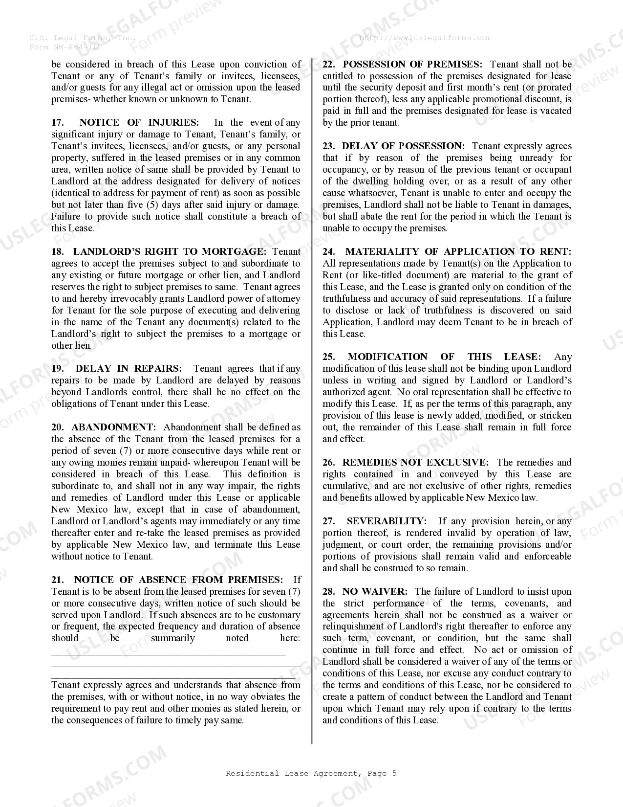 Preview Residential Lease or Rental Agreement for Month to Month