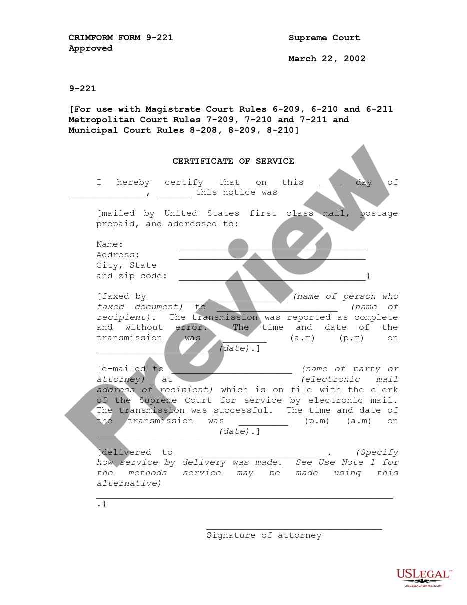 Certificate Of Service Form New Mexico Withholding US Legal Forms