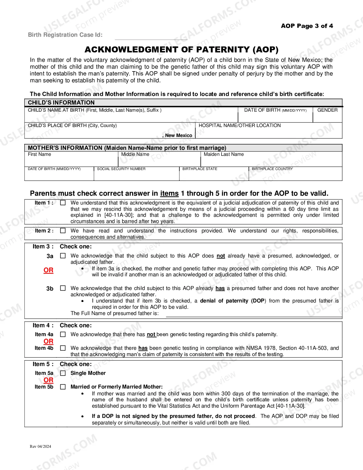 Preview Acknowledgment of Paternity