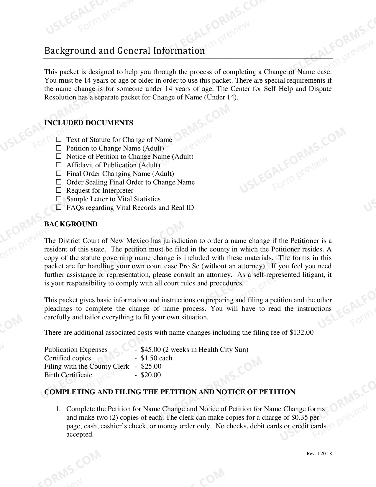 Preview Name Change Instructions and Forms for an Adult (Over 14) - Bernalillo County Only