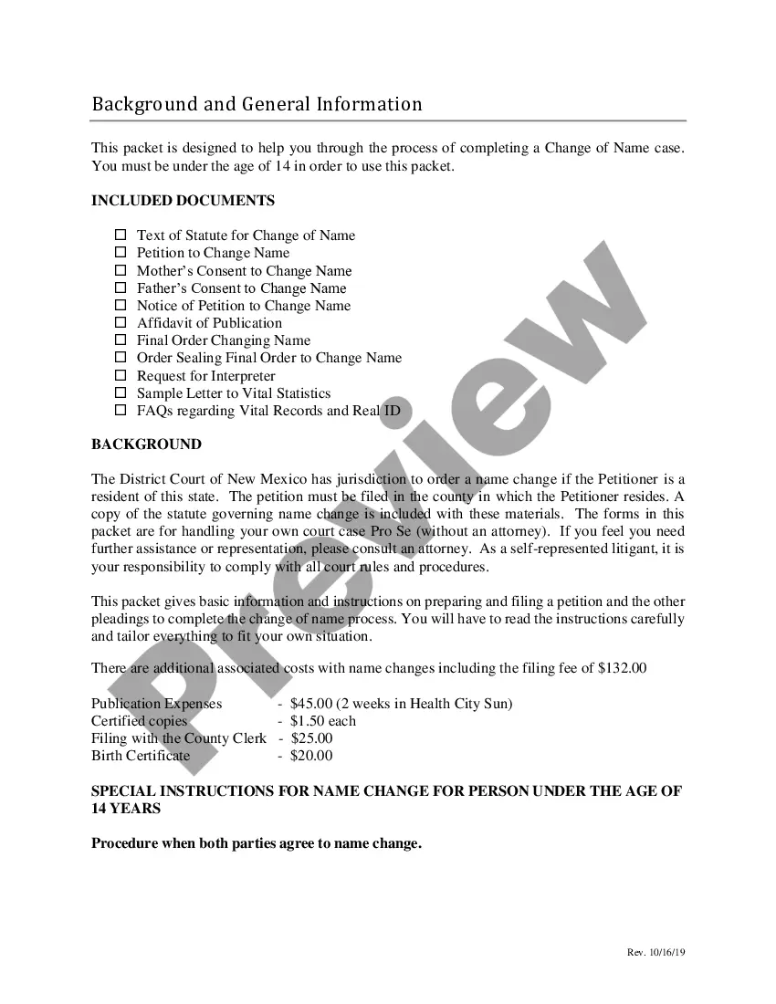 Preview Name Change Instructions and Forms for a Minor Child - Under 14 - Bernalillo County Only