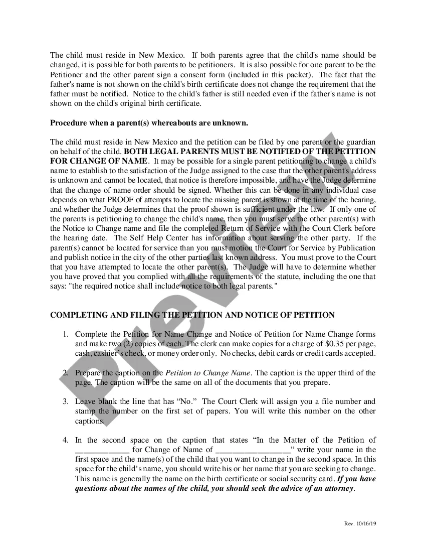 Preview Name Change Instructions and Forms for a Minor Child - Under 14 - Bernalillo County Only
