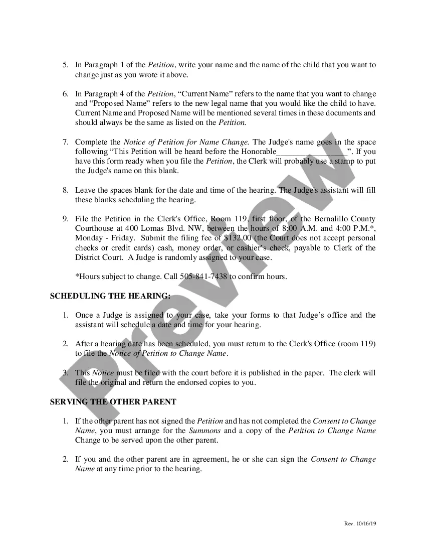 Preview Name Change Instructions and Forms for a Minor Child - Under 14 - Bernalillo County Only