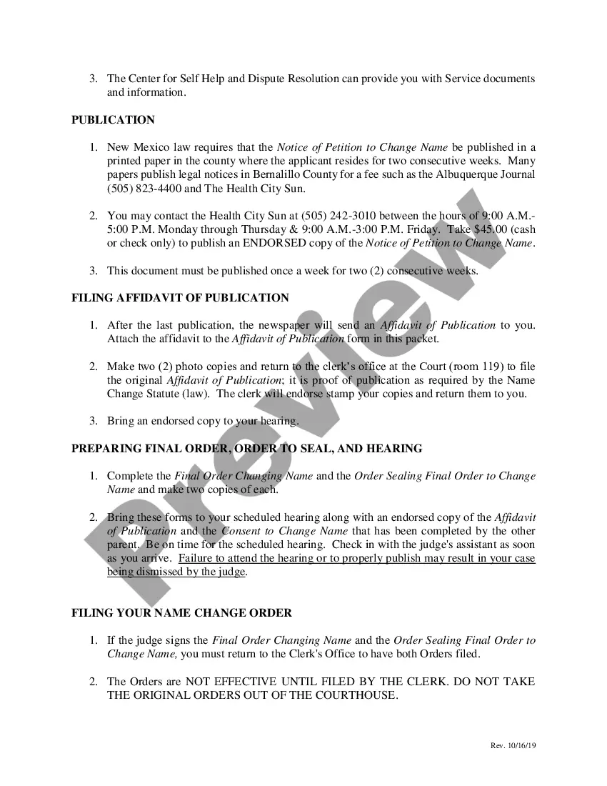 Preview Name Change Instructions and Forms for a Minor Child - Under 14 - Bernalillo County Only