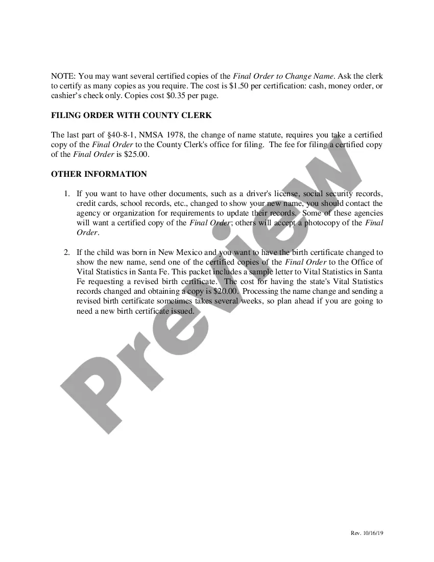 Preview Name Change Instructions and Forms for a Minor Child - Under 14 - Bernalillo County Only