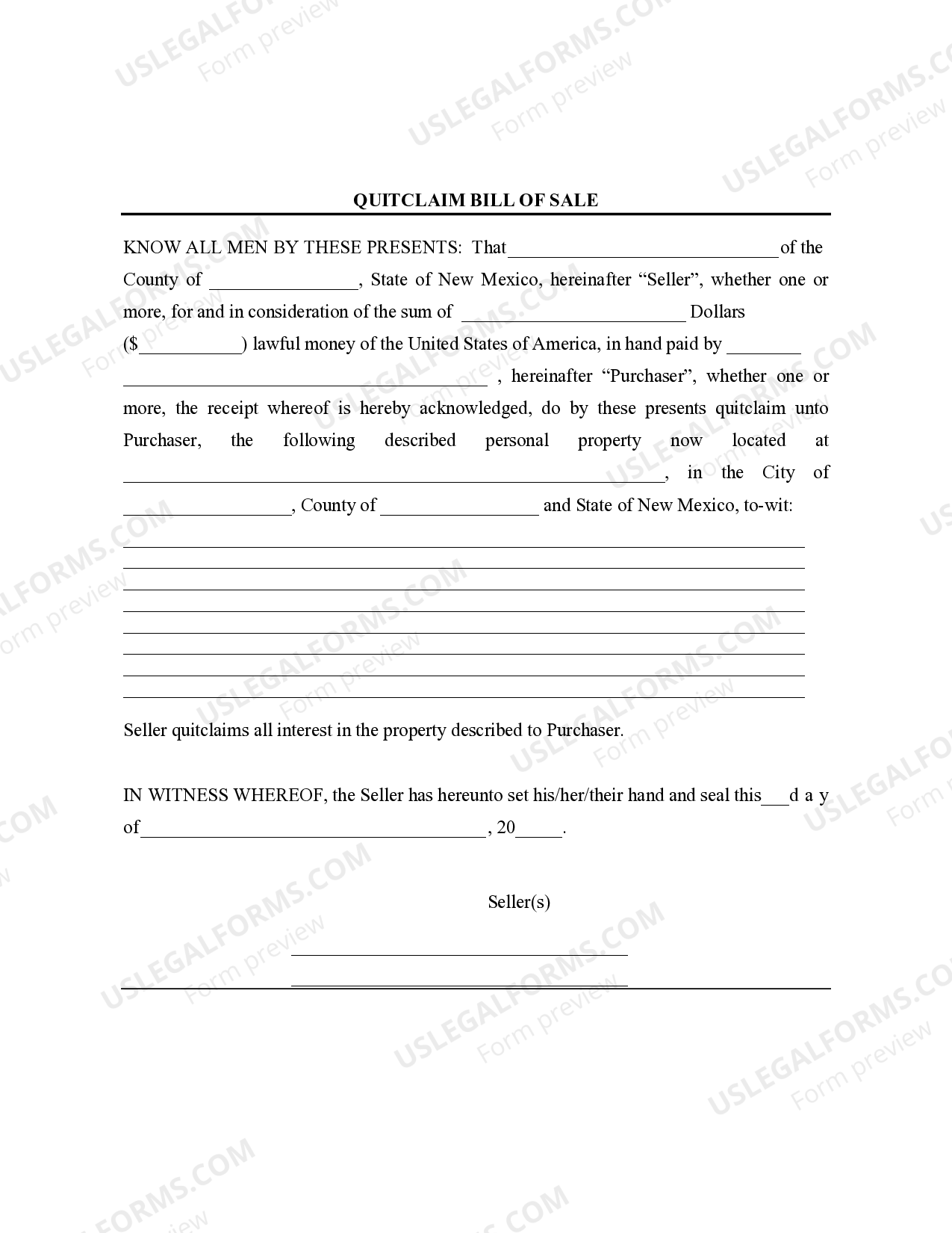 New Mexico Bill of Sale without Warranty by Individual Seller New