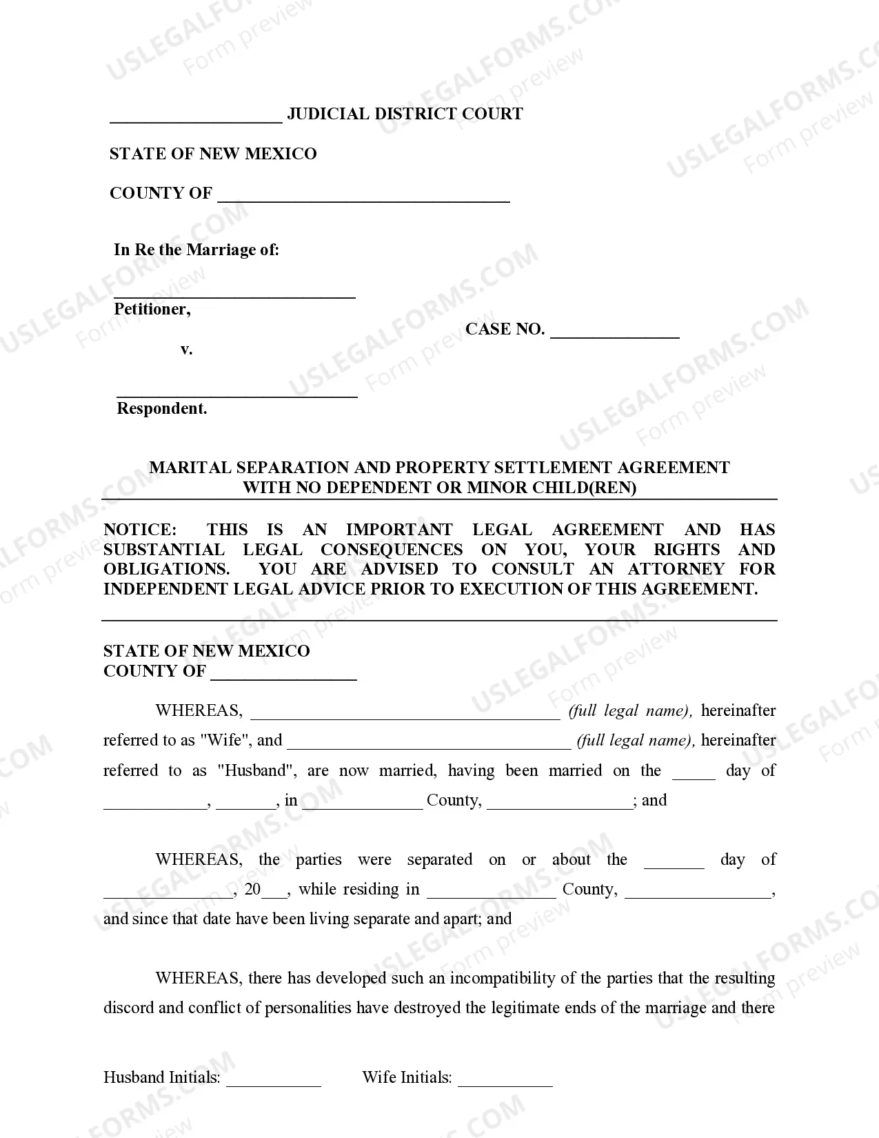 Preview Marital Domestic Separation and Property Settlement Agreement for persons with No Children, No Joint Property or Debts where Divorce Action Filed