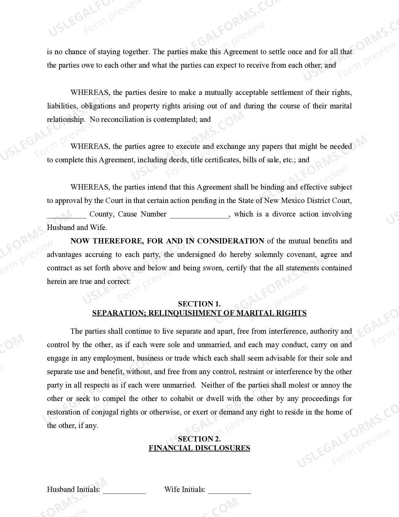 Preview Marital Domestic Separation and Property Settlement Agreement for persons with No Children, No Joint Property or Debts where Divorce Action Filed