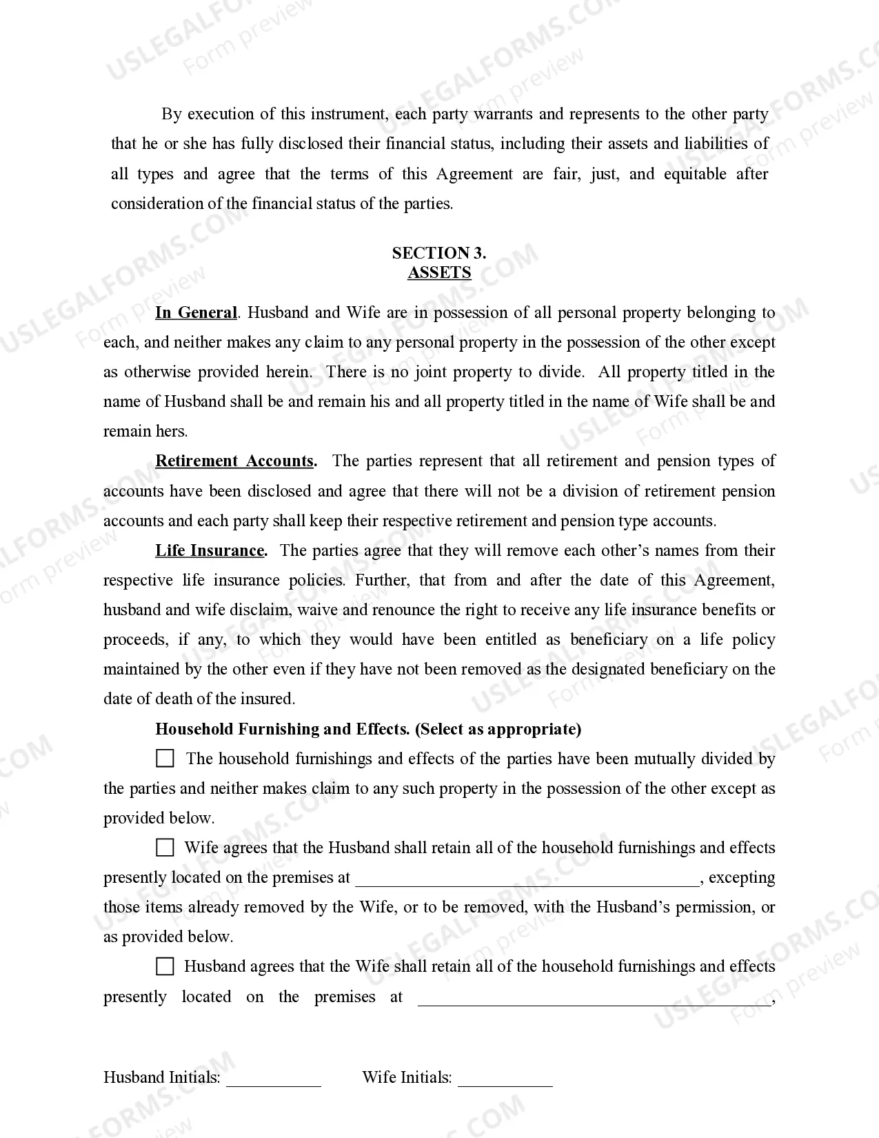 Preview Marital Domestic Separation and Property Settlement Agreement for persons with No Children, No Joint Property or Debts where Divorce Action Filed