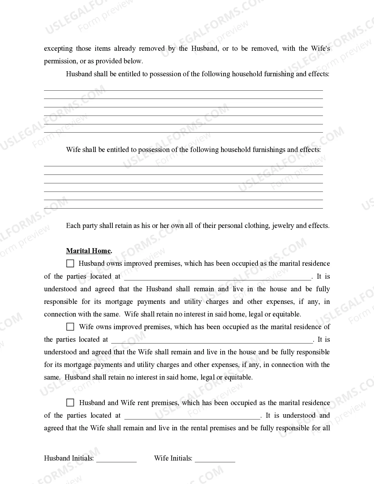 Preview Marital Domestic Separation and Property Settlement Agreement for persons with No Children, No Joint Property or Debts where Divorce Action Filed