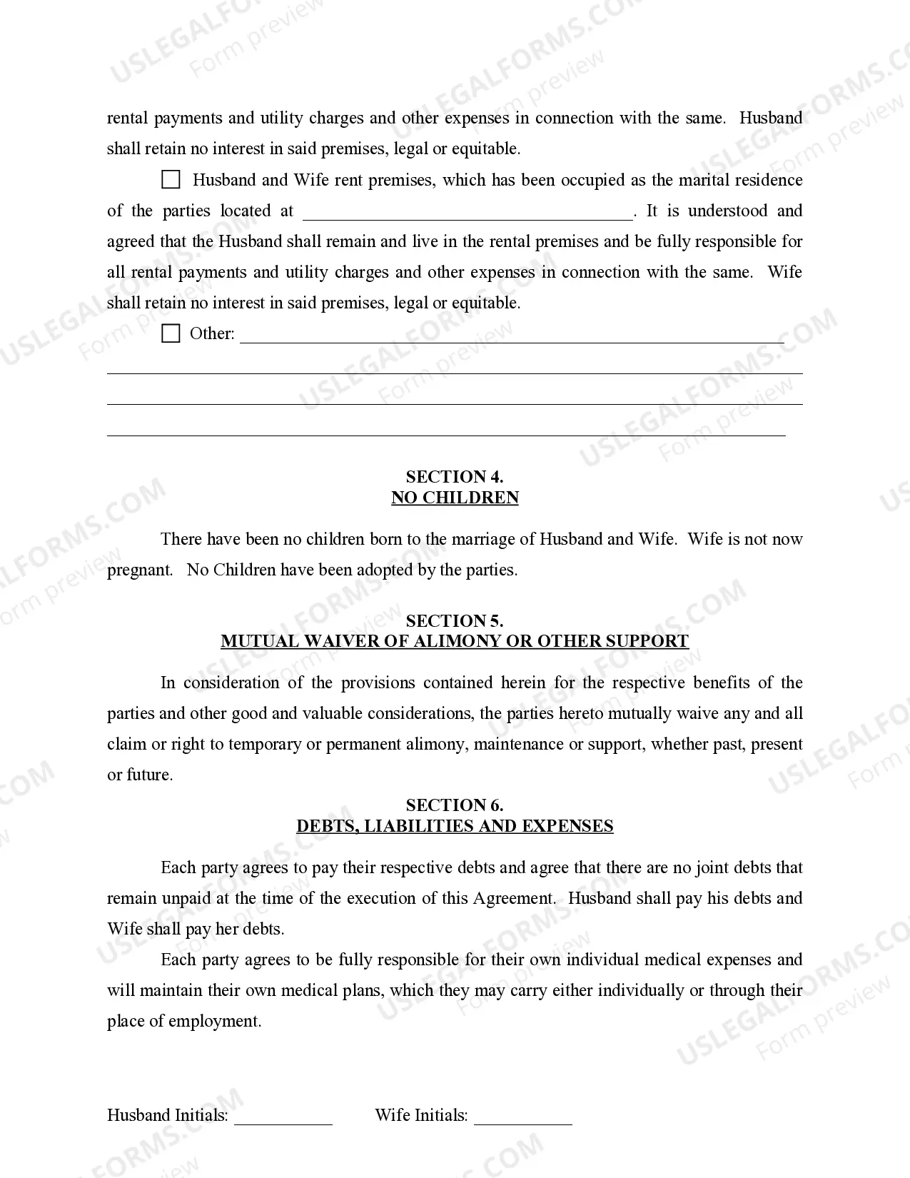 Preview Marital Domestic Separation and Property Settlement Agreement for persons with No Children, No Joint Property or Debts where Divorce Action Filed