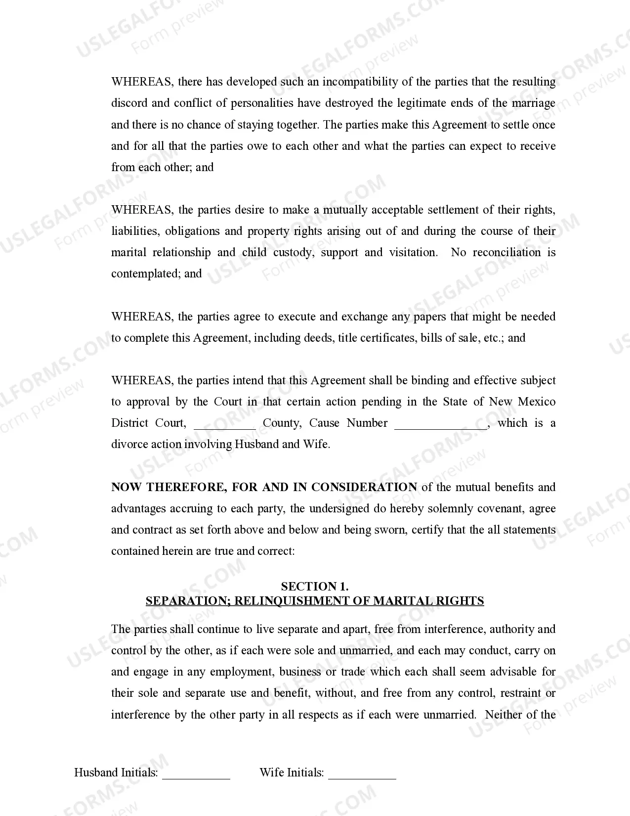 Preview Marital Domestic Separation and Property Settlement Agreement Minor Children no Joint Property or Debts where Divorce Action Filed