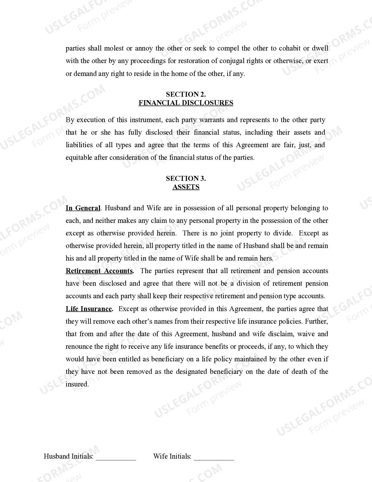 Preview Marital Domestic Separation and Property Settlement Agreement Minor Children no Joint Property or Debts where Divorce Action Filed