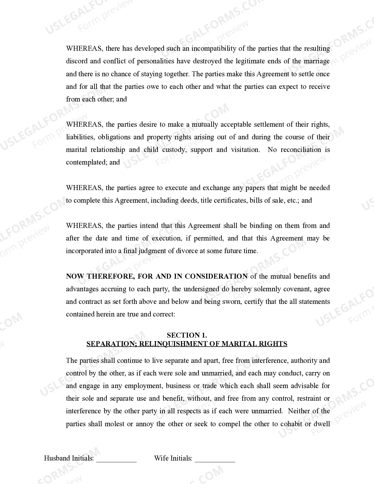 Preview Marital Domestic Separation and Property Settlement Agreement Minor Children no Joint Property or Debts effective Immediately
