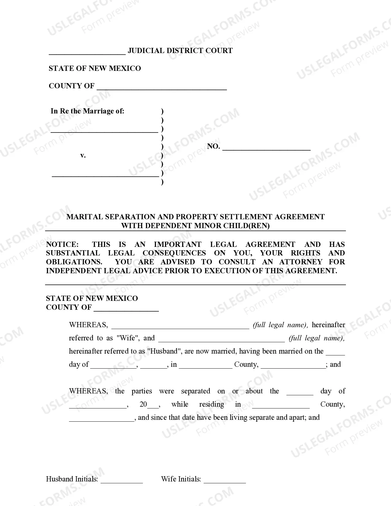 Preview Marital Domestic Separation and Property Settlement Agreement Minor Children Parties May have Joint Property or Debts where Divorce Action Filed