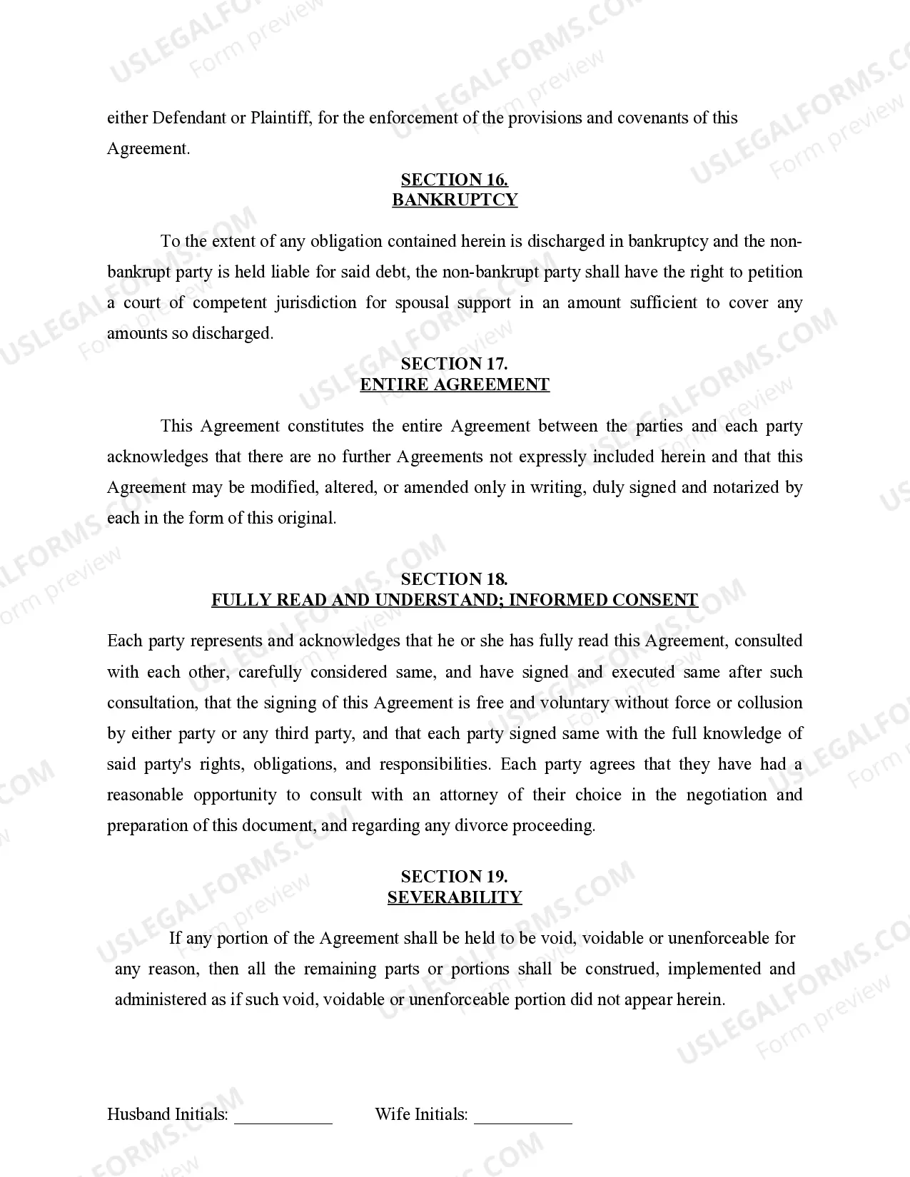 Preview Marital Domestic Separation and Property Settlement Agreement for persons with no Children, no Joint Property, or Debts Effective Immediately