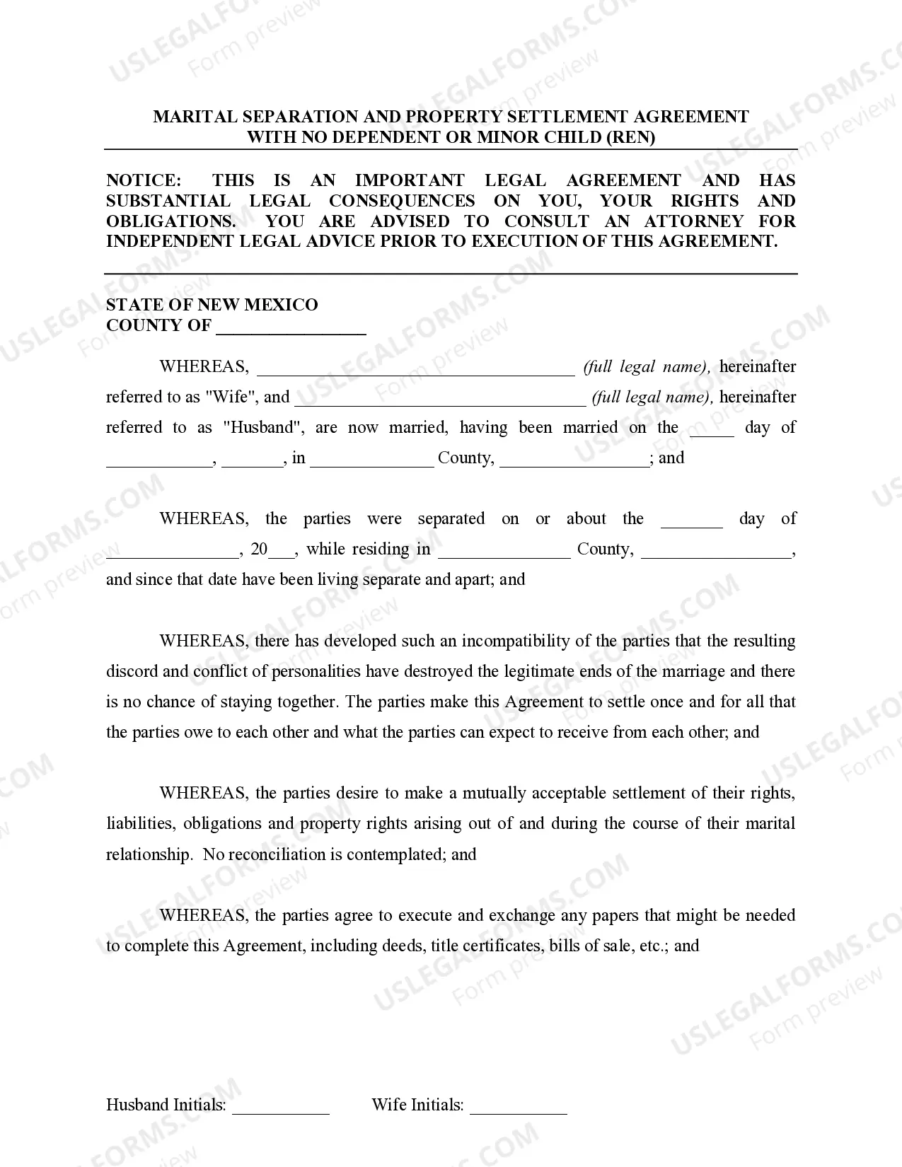 Preview Marital Domestic Separation and Property Settlement Agreement for persons with no Children, no Joint Property, or Debts Effective Immediately