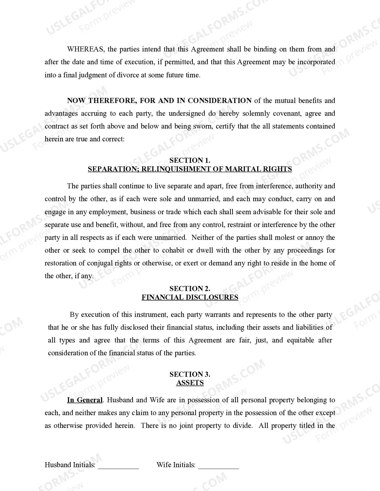 Preview Marital Domestic Separation and Property Settlement Agreement for persons with no Children, no Joint Property, or Debts Effective Immediately