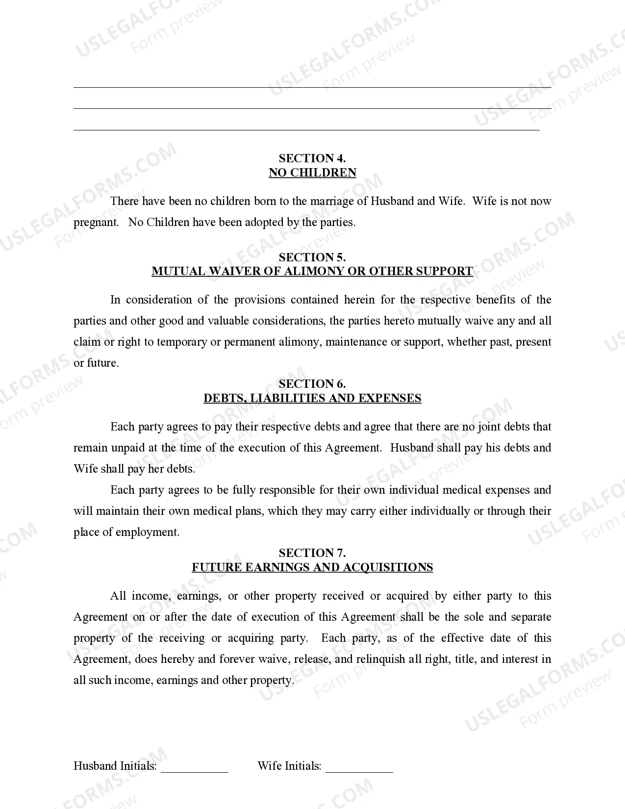 Preview Marital Domestic Separation and Property Settlement Agreement for persons with no Children, no Joint Property, or Debts Effective Immediately