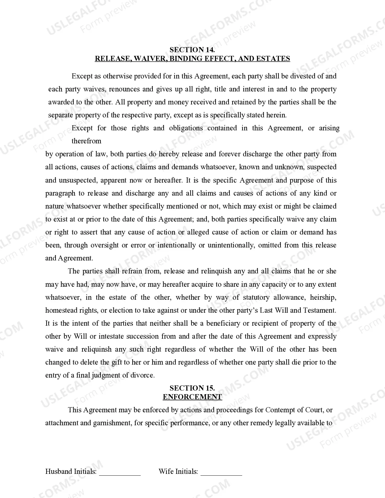 Preview Marital Domestic Separation and Property Settlement Agreement for persons with no Children, no Joint Property, or Debts Effective Immediately