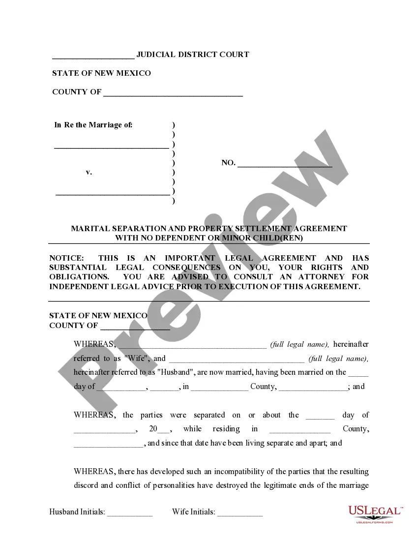Preview Marital Domestic Separation and Property Settlement Agreement no Children parties may have Joint Property or Debts where Divorce Action Filed