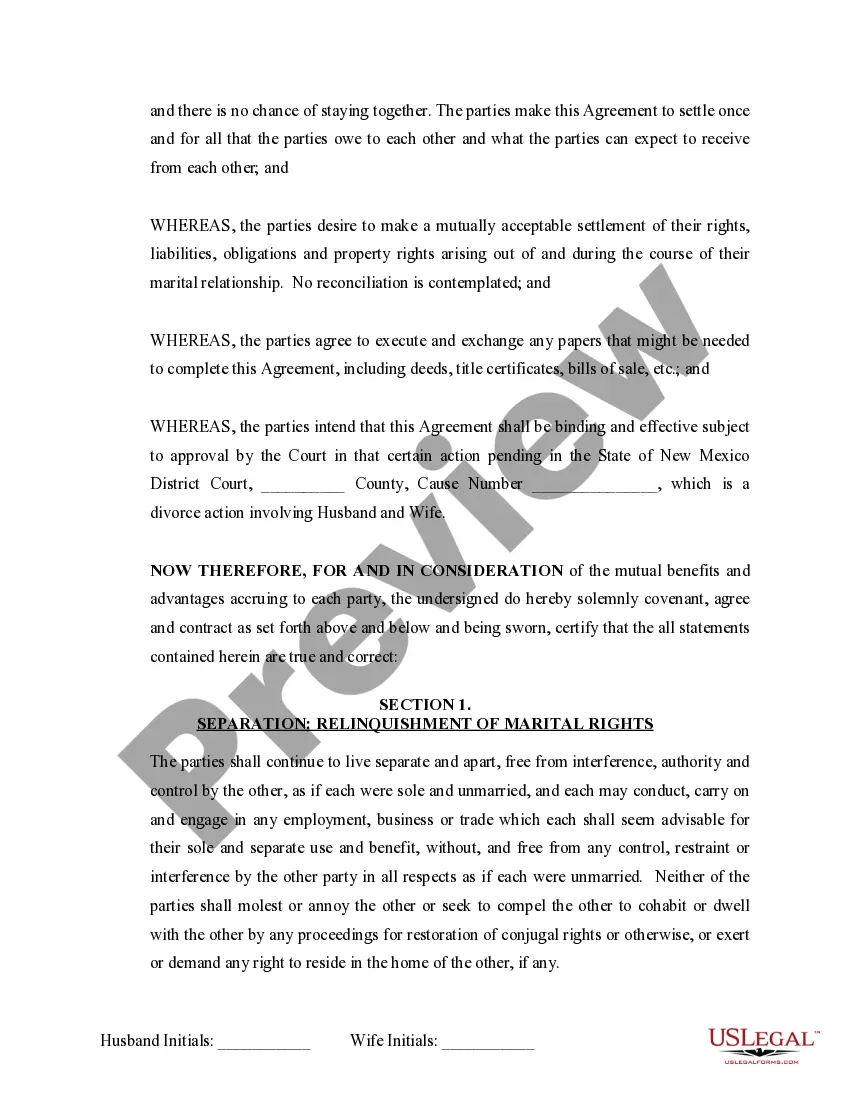Preview Marital Domestic Separation and Property Settlement Agreement no Children parties may have Joint Property or Debts where Divorce Action Filed