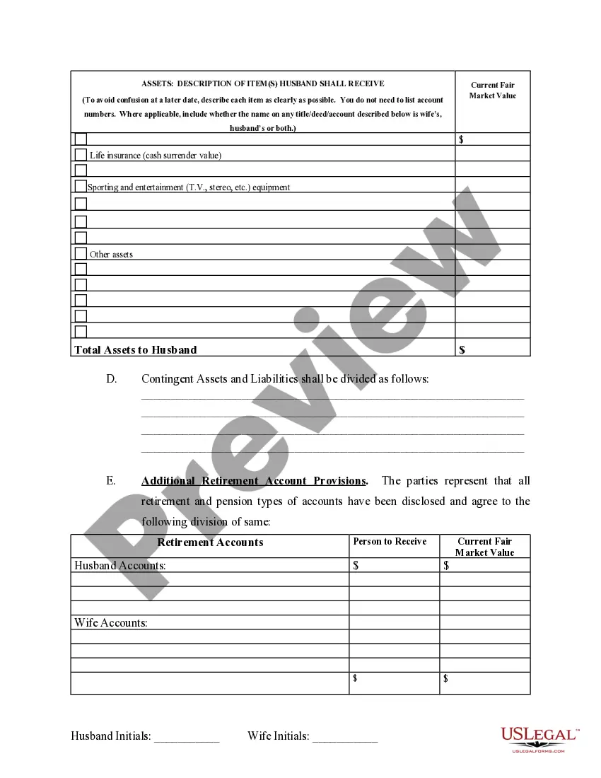 Preview Marital Domestic Separation and Property Settlement Agreement no Children parties may have Joint Property or Debts where Divorce Action Filed