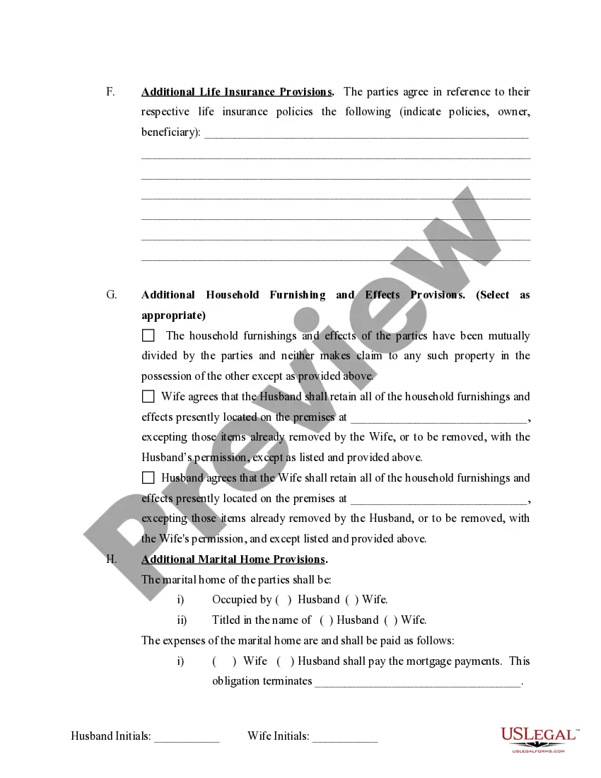 Preview Marital Domestic Separation and Property Settlement Agreement no Children parties may have Joint Property or Debts where Divorce Action Filed