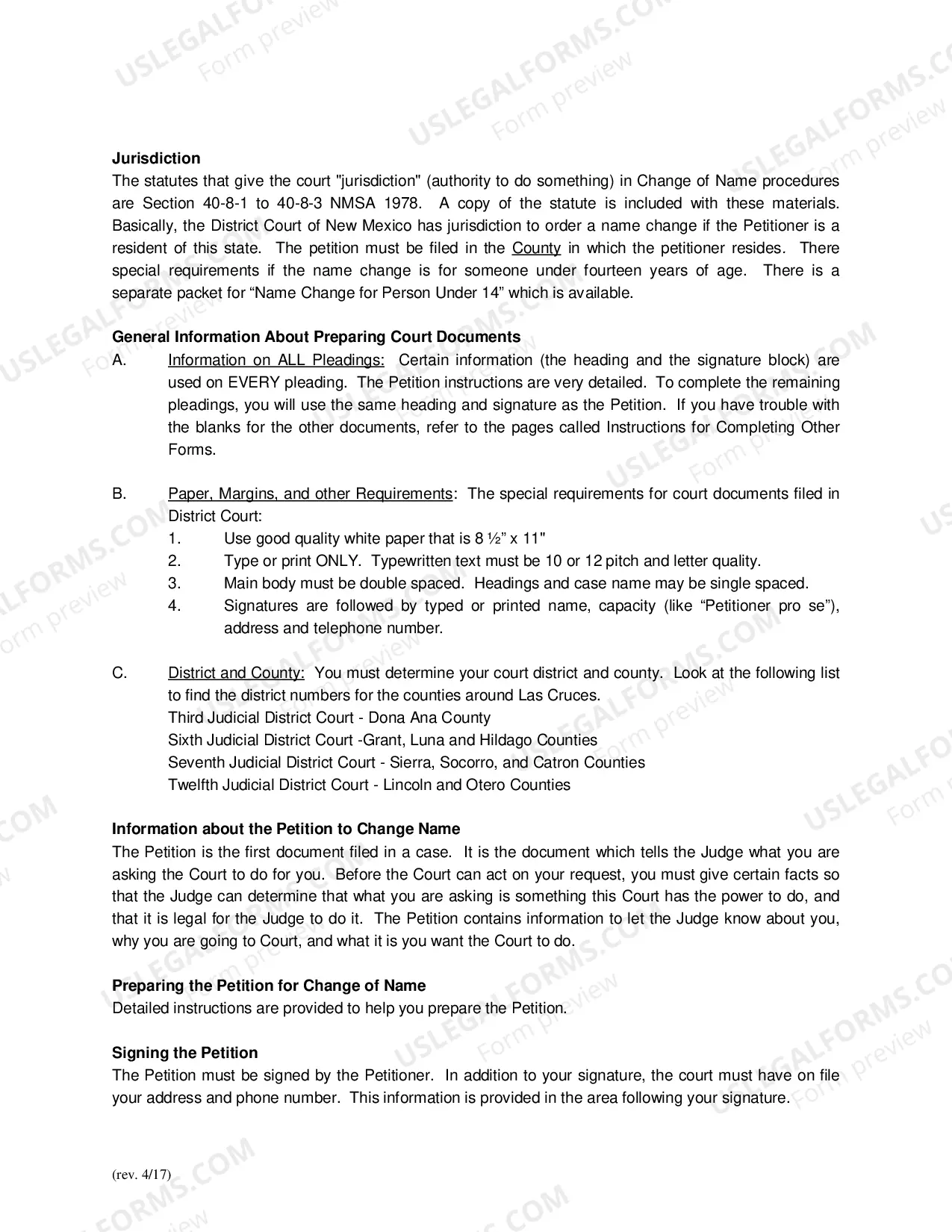 Preview Name Change Instructions and Forms for an Adult - Dona Ana County Only