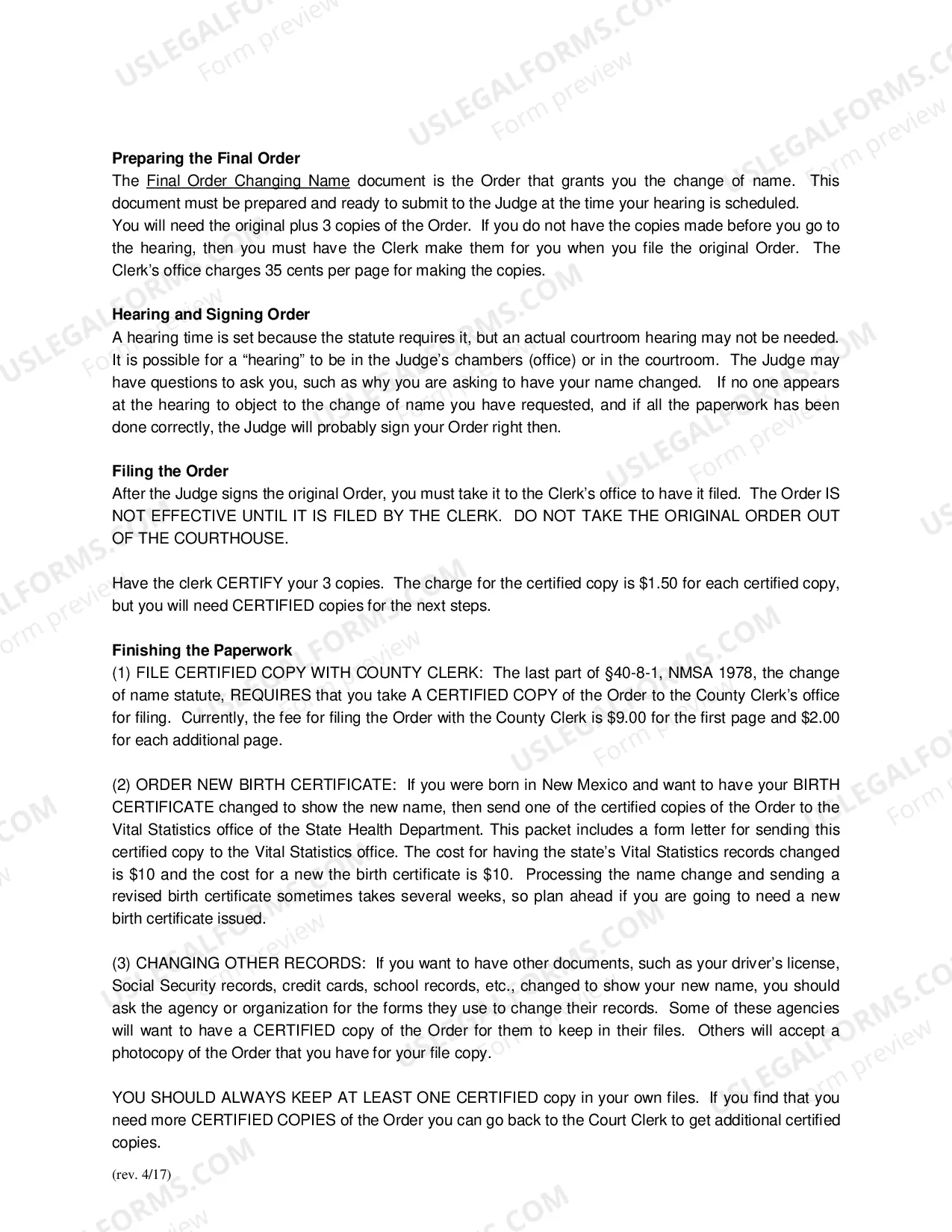 Preview Name Change Instructions and Forms for an Adult - Dona Ana County Only