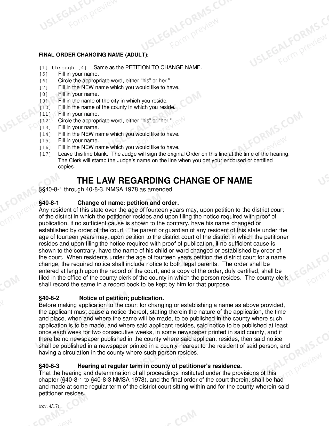 Preview Name Change Instructions and Forms for an Adult - Dona Ana County Only