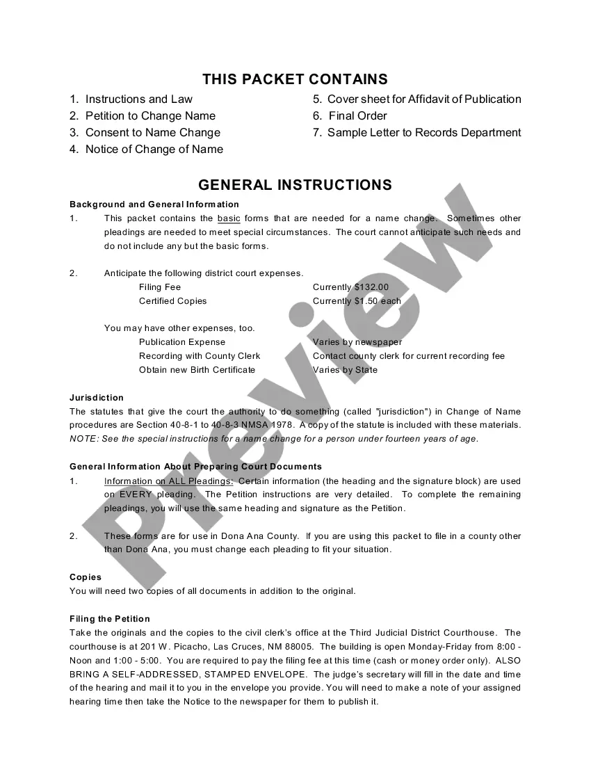 Get Name Change Instructions and Forms for a Minor Under Age 14 - Dona Ana County Only Preview Name Change Instructions and Forms for a Minor Under Age 14 - Dona Ana County Only